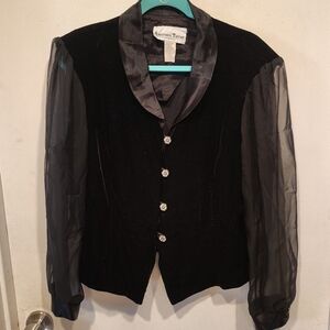 Another Thyme Black Velvet V-Neck Formal Top Sheer Puff Long Sleeves Sz XL Party